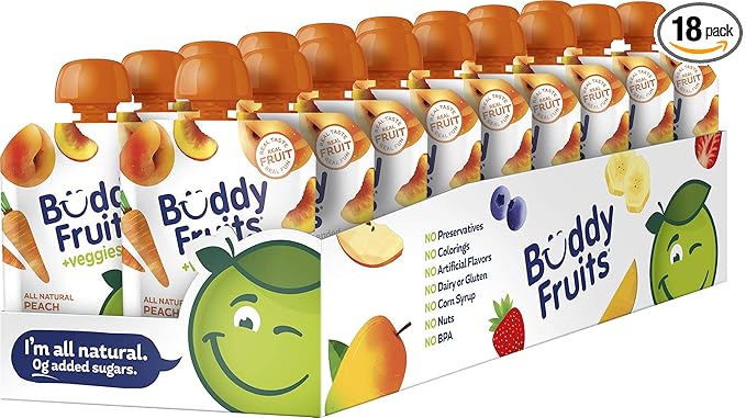 Buddy Fruits & Veggies Snacks To Go Peach Carrot Unsweetened Applesauce 3.2oz Pouch (18pk) Gluten-Nut-Dairy-Preservatives-BPA Free, Non GMO, Kosher