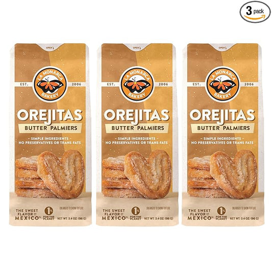 Orejitas Cookies, 3.4 Ounce (Pack of 3), Flaky and Crunchy Mexican Inspired Mini Palmiers made with Real Butter and Lightly Dusted with Sugar by La Monarca Bakery