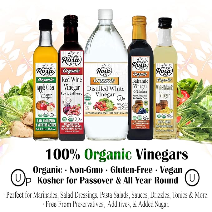 De La Rosa Organic Distilled White Vinegar, Raw & Unfiltered, Kosher for Passover, Vegan & Gluten Free, Great for Salad Dressing, Marinades, White Distilled Vinegar 5 Liter (Pack of 1)