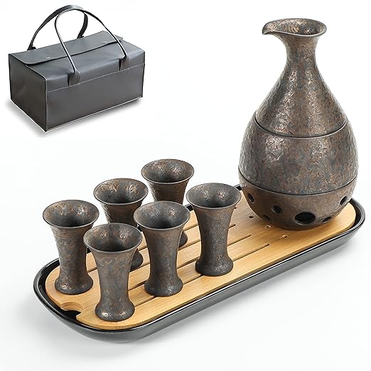 TEANAGOO Traditional Japanese Sake Set, Sake Carafe(6 Oz) with 6 Sake Cups (0.9 Oz) for Hot or Cold Japanese Soju Liquor with Serving Bambo Tray Gift Sets 10pcs/set,Saki Sets Traditional Carafe Set