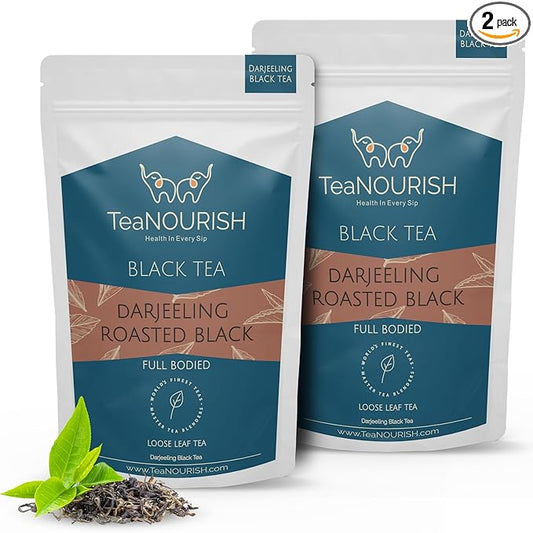 TeaNOURISH Darjeeling Roasted Black Tea | Darjeeling Loose Leaf Tea | Full Bodied & Robust | Freshly Sourced From Single Estate | Brew as Hot or Iced Tea - 3.53oz/100g (Pack of 2)