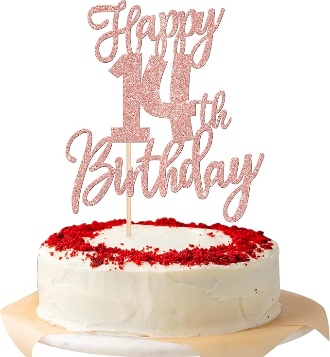 1 PCS Happy 14th Birthday Cake Topper Glitter Cheers to 14 Years Birthday Cake Pick Fourteen Hello 14 Fabulous Cake Decorations for Happy 14th Birthday Anniversary Party Supplies Rose Gold