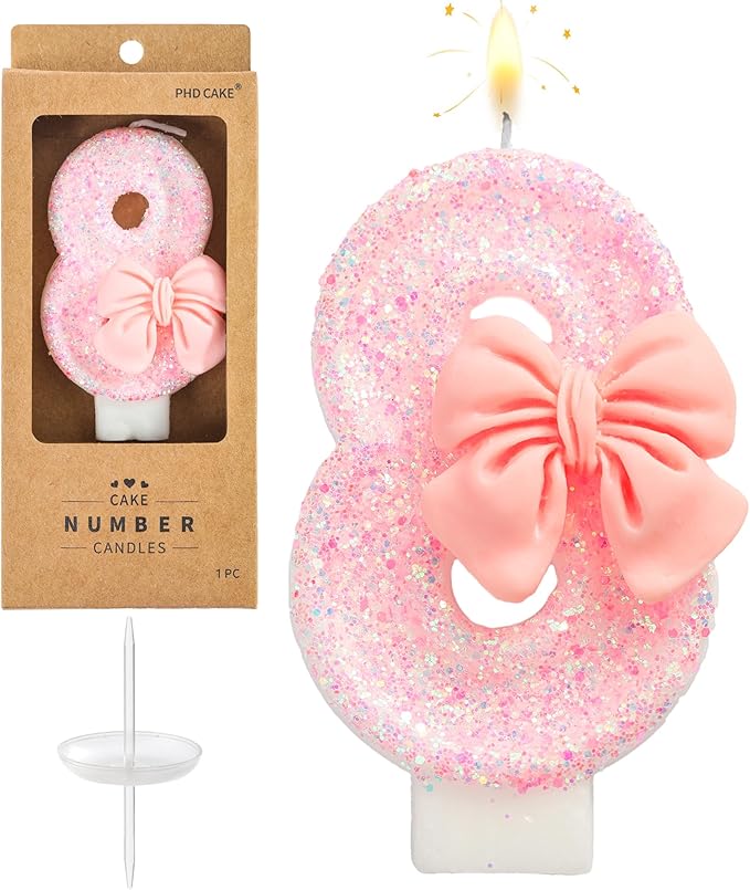 PHD CAKE Number 8 Pink Bowknot Birthday Candles, Cute Themed Number Candles, Party Celebration