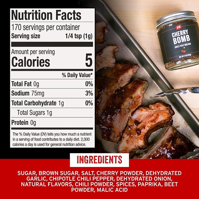 PS Seasoning Cherry Bomb Dry Rub - Sweet Heat BBQ Seasonings and Rubs for Smoking, Grilling, Baking - Smoky Cherry Rub - BBQ Rubs and Spices for Grilling Ribs, Pulled Pork, Chops, Salmon, Wings, 5oz
