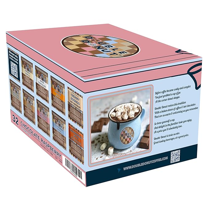 Double Donut Flavored Hot Chocolate, Raspberry Hot Chocolate, Hot Chocolate Packets, Hot Cocoa Mix, Pack 32 Pouches per Pack