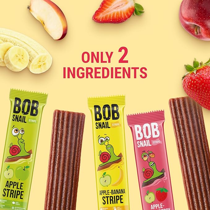 BOB SNAIL Healthy Organic Fruit Snacks for Kids and Adults ??30 Organic Fruit Leather Snacks with Apple, Banana, Strawberry ??Vegan Low-Carb Variety Pack Strips for Kids ??Sugar Free Jerky Bars