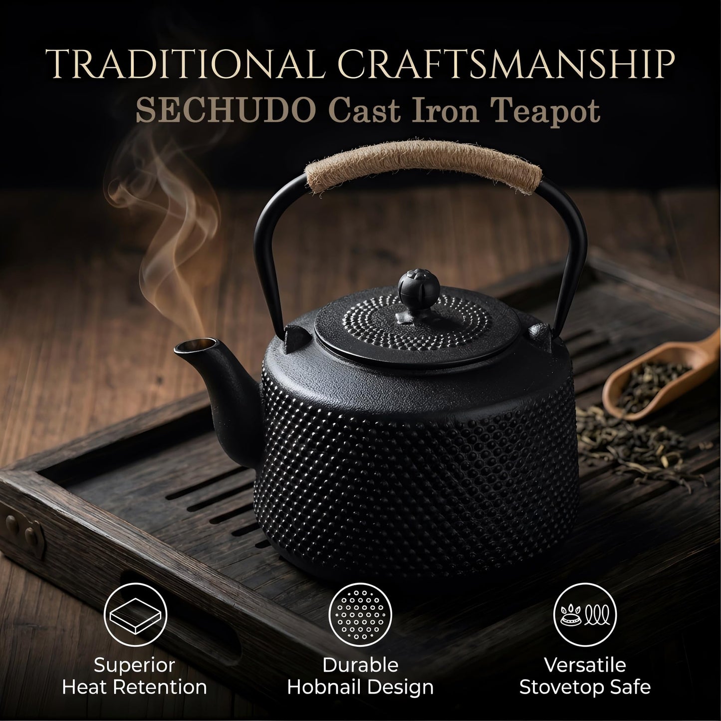 SECHUDO 54oz Hobnail Cast Iron Teapot for Stovetop, Tea Kettle with Infuser for Loose Leaf, Tea Pot