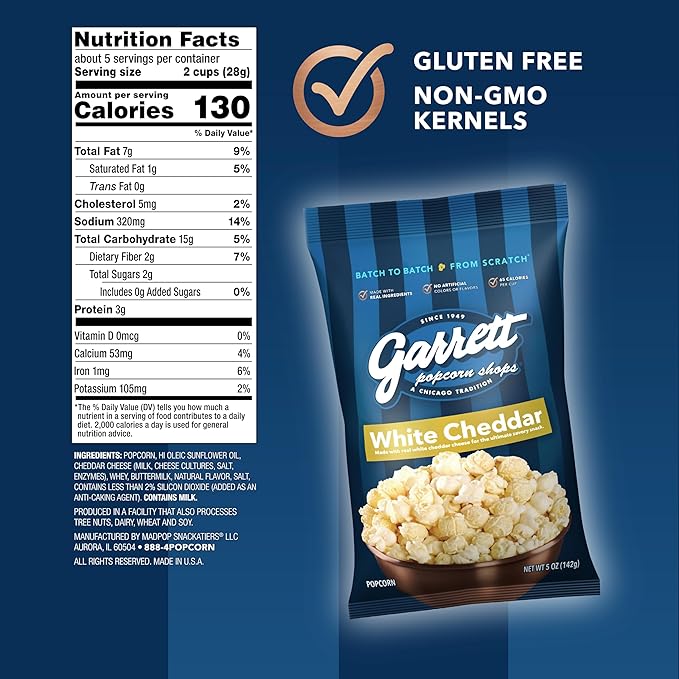 Garrett Popcorn White Cheddar, 5.0oz, 4 Bags, White Cheddar Gourmet Popcorn, Gluten Free, Savory Snack, Popped Popcorn Bags