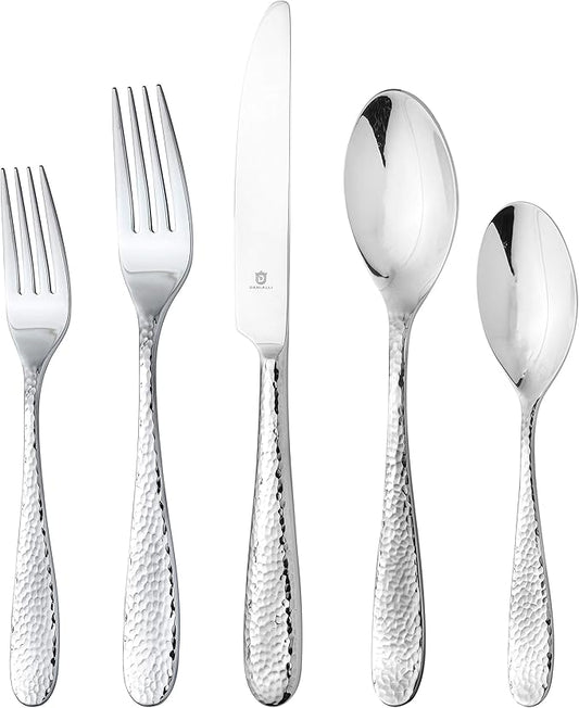 Hammered Silverware Set | Premium 18/10 Stainless Steel Flatware Service for 4 | Heavy-Duty & Dishwasher Safe | Built to Last (20-Piece, Fidenza Hammered)