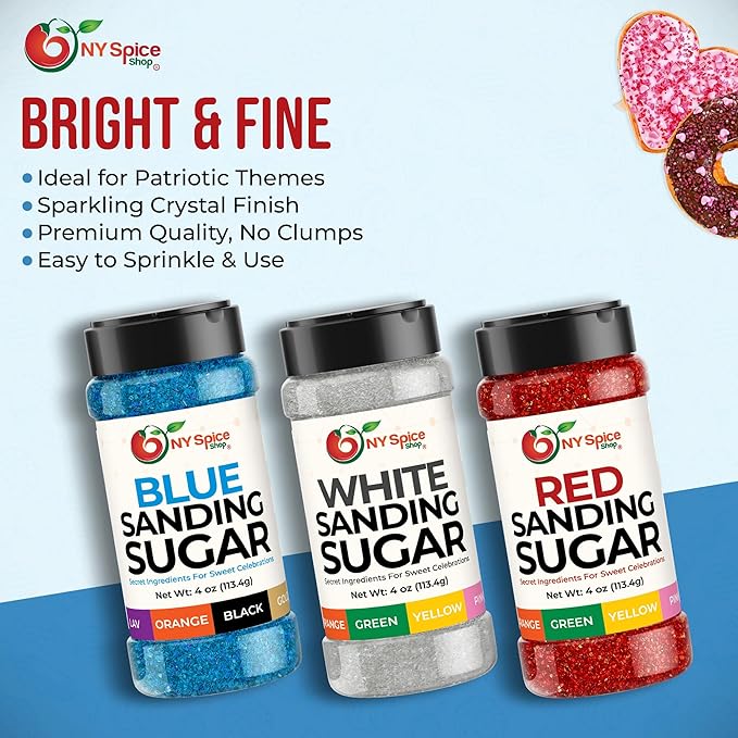 NY Spice Shop Red-White-Blue Sanding Sugar - Sweet Colorful Edible Sprinkles for Candy Dishes, Cake Decorating, and Dessert Displays - 4 Ounce (Pack of 3)