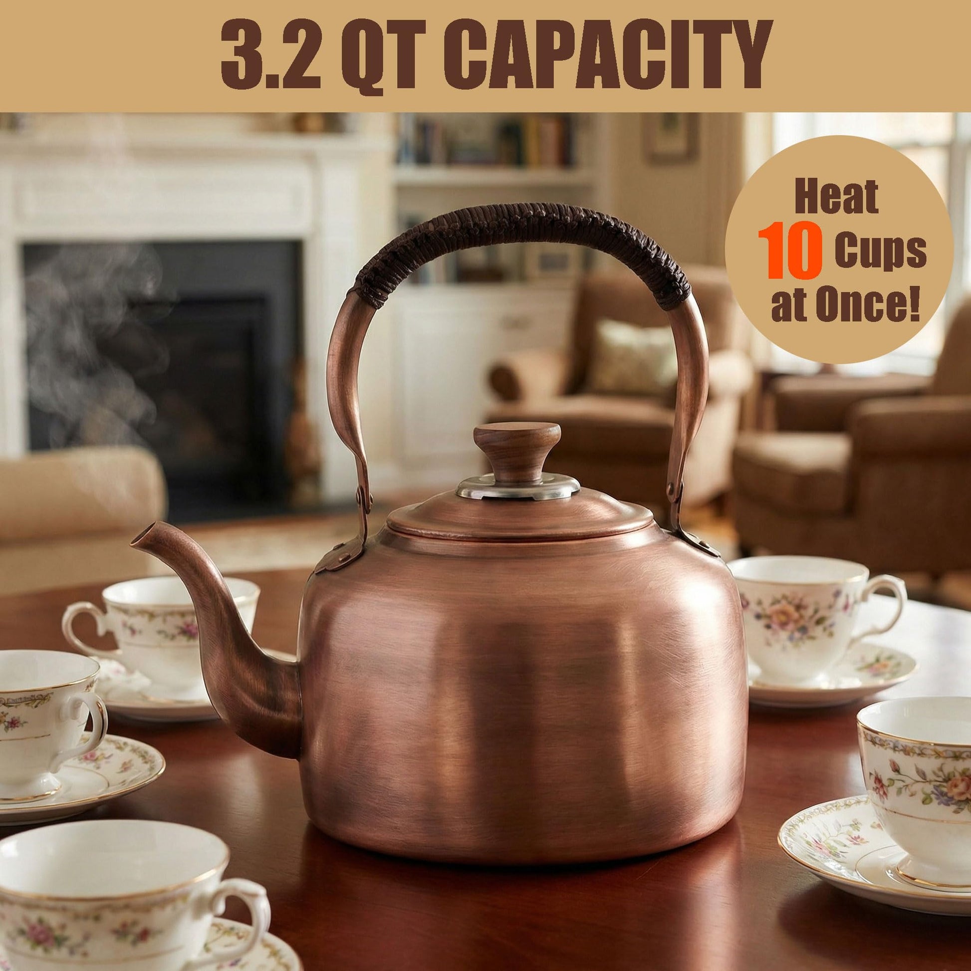 Tea Kettle Stovetop Whistling Copper Tea Pot for Stove 3.2QT Teapot Kettle