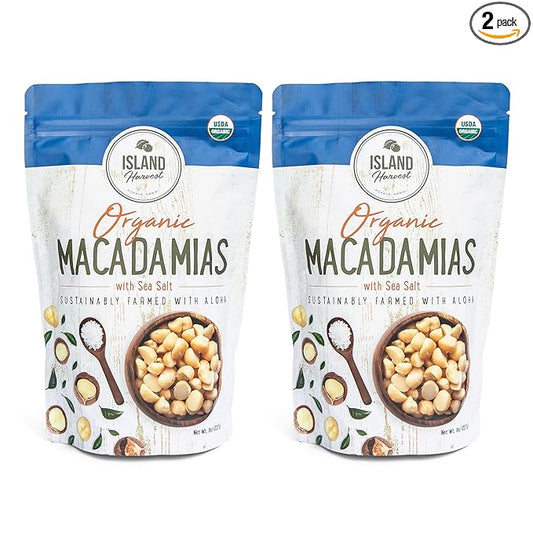 Island Harvest Organic Macadamia Nuts with Sea Salt - 100% Hawaiian Keto Friendly Nuts, All-Natural Non-GMO Macadamia Nuts Salted, Gluten-Free Dry Roasted Nuts High In Fiber; 8 Ounce (2-Pack)