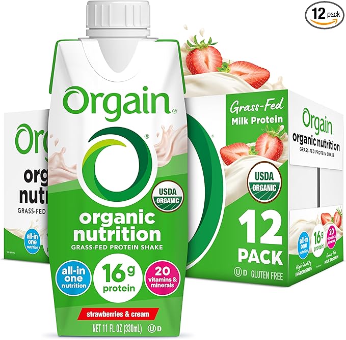 Orgain Organic Nutritional Shake, Strawberries & Cream - Meal Replacement, 16g Protein, 21 Vitamins & Minerals, Gluten Free, Soy Free, Kosher, Non-GMO, 11 Fl Oz (Pack of 12) (Packaging May Vary)