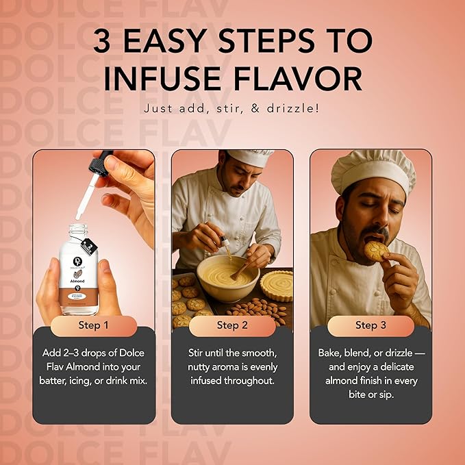 Dolce Flav Natural Almond Extract ??2 Ounce Water-Soluble Kosher, Sugar-Free, Concentrated Pure Almond Flavoring for Baking, Pastries & Beverages, Includes Measured Dropper