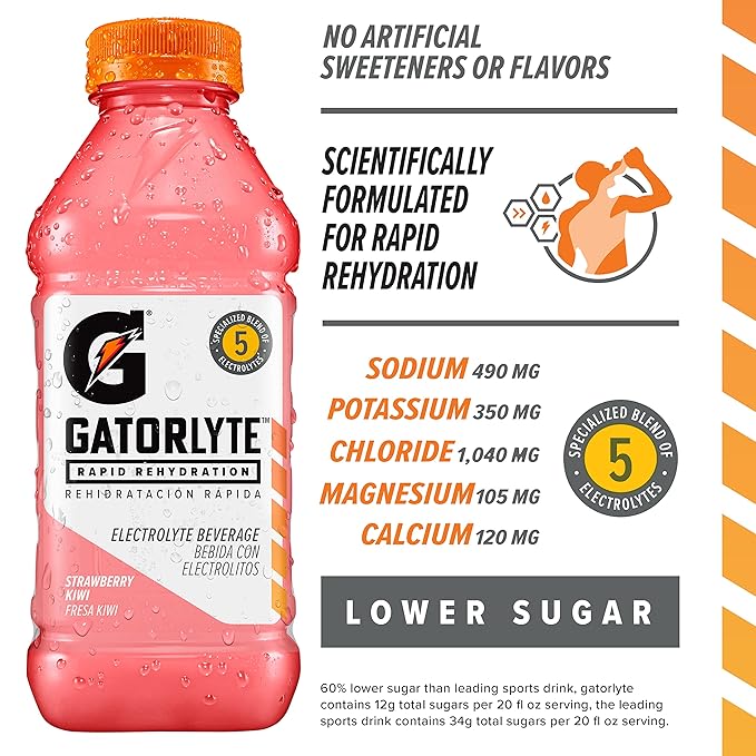 Gatorlyte Rapid Rehydration Electrolyte Drink, Strawberry Kiwi, Specialized Blend of 5 Electrolytes, Lower Sugar, No Artificial Sweeteners, No Artificial Flavors, 20 fl oz Bottles (12 Pack)