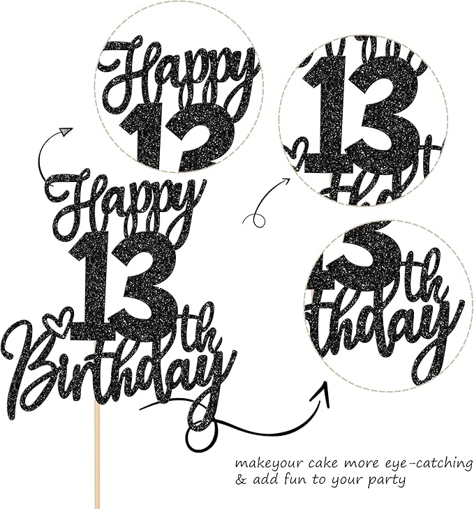 1 PCS Happy 13th Birthday Cake Topper Glitter Cheers to 13 Years Birthday Cake Pick 13 Official Teenager Cake Decoration for Happy 13th Birthday Anniversary Theme Party Decorations Supplies Black