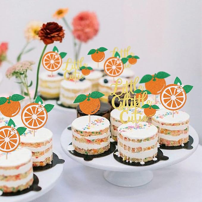 24 Pack Little Cutie Cupcake Toppers Glitter Orange Cupcake Picks for Citrus Theme Baby Shower Kids Birthday Party Tangerine Clementine Fruit Party Cake Decorations Supplies