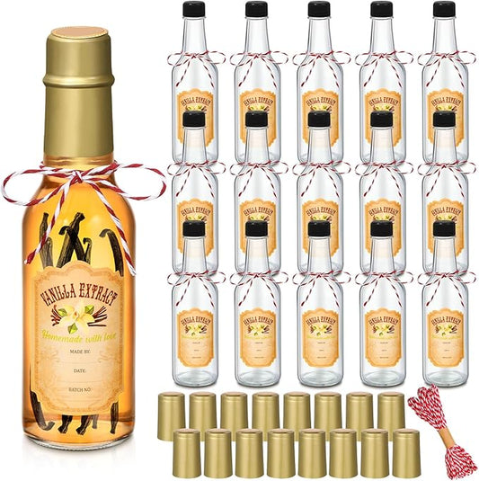 Tioncy 16 Pcs Vanilla Extract Bottles for Homemade Vanilla Jar Glass Bottle with Cap, Shrink Band, Sticker Syrup Gift Food Storage Canister for Bean Sauce Spice(Gold,5 oz)