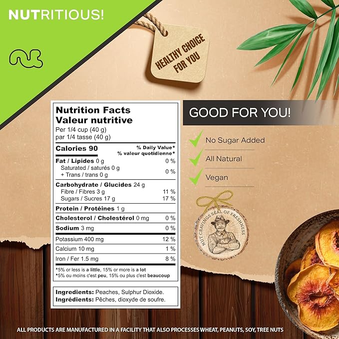 NUT CRAVINGS - Sun Dried California Peaches, No Sugar Added, Unsweetened (16oz, 1 LB) Bulk Dry Fruits Packed Fresh in Resealable Bag - Sweet Healthy Snack, Naturally Grown, Vegan, Kosher