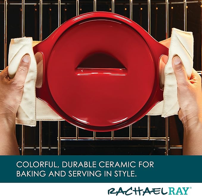 Rachael Ray Solid Glaze Ceramics Casserole Bakers/Baking Dish with Shared Lid Set, 3 Piece, Red
