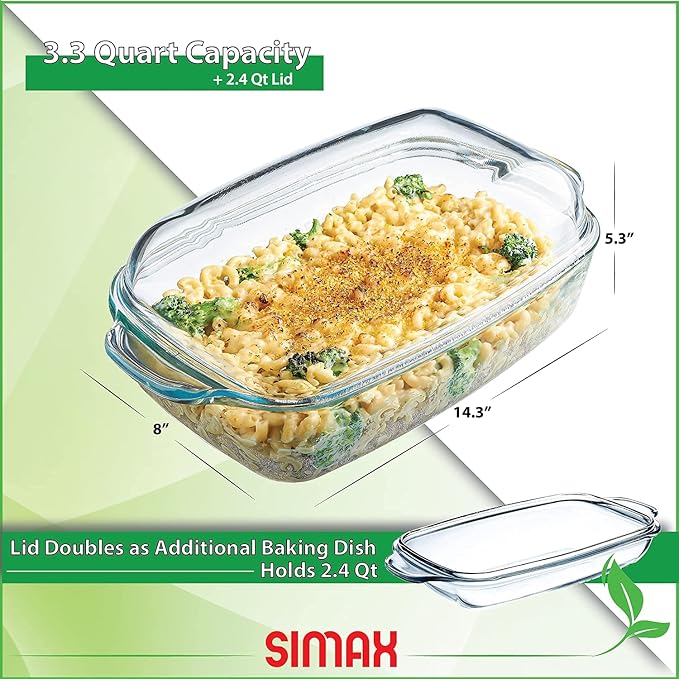 Simax Glass Casserole Baking Dish: Clear Glass Round Casserole Dish with Lid and Handles,Covered Bowl for Cooking, Baking, Serving, Dishwasher, and Oven Safe Cookware ??3 Quart Dish + 2.2 Quart Lid
