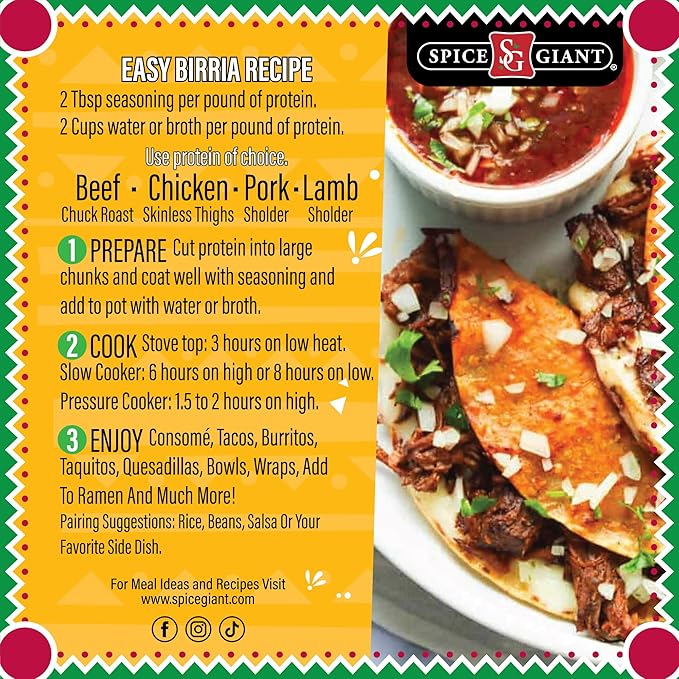 Mexican Birria Seasoning 5 oz | Mexican Spice | All Purpose, Beef, Chicken, Pork & More Seasoning | Tacos | Burritos | Fajitas | Consome I Authentic Blend. Spice Giant Brand
