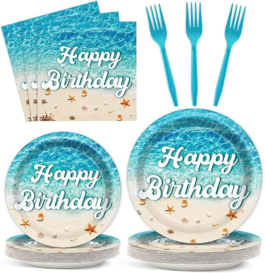 96Pcs Beach Happy Birthday Plates and Napkins Ocean Waves Ocean Seashell Party Decorations Beach Themed Party Dessert Plates Summer Pool Tableware for 24 Guests Hawaiian Supplies