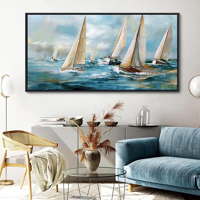 YDYSUNE Sailboat Wall Art - Blue Canvas Abstract Painting Textured Picture Artwork Vintage Nautical Large Painting Coastal Modern Print Frame for Living Room Bedroom Home 29x58inch