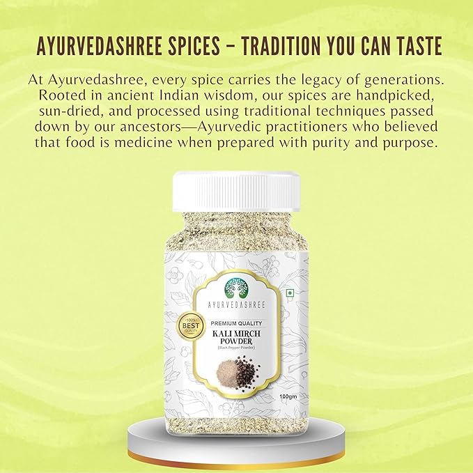 AYURVEDASHREE Black Pepper Powder (Peppercorns), Premium Quality 100gm PET Jar | All Natural | | Non-GMO | Piper nigrum | Indian Spice.