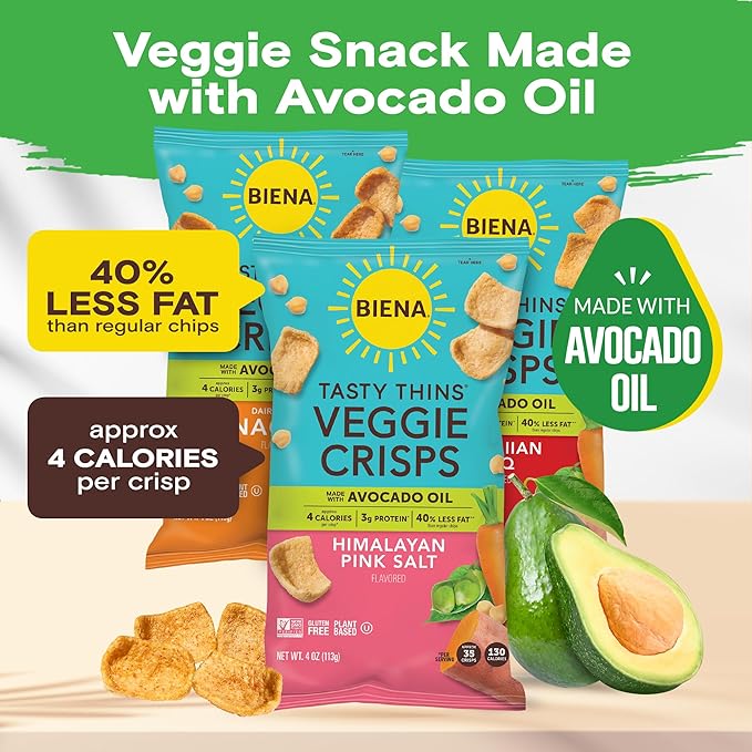 BIENA Tasty Thins Veggie Crisps - Low-Calorie Veggie Chips for Adults and Kids - Variety Pack (6x4-oz Bags) - Hawaiian BBQ, Himalayan Pink Salt, & Nacho