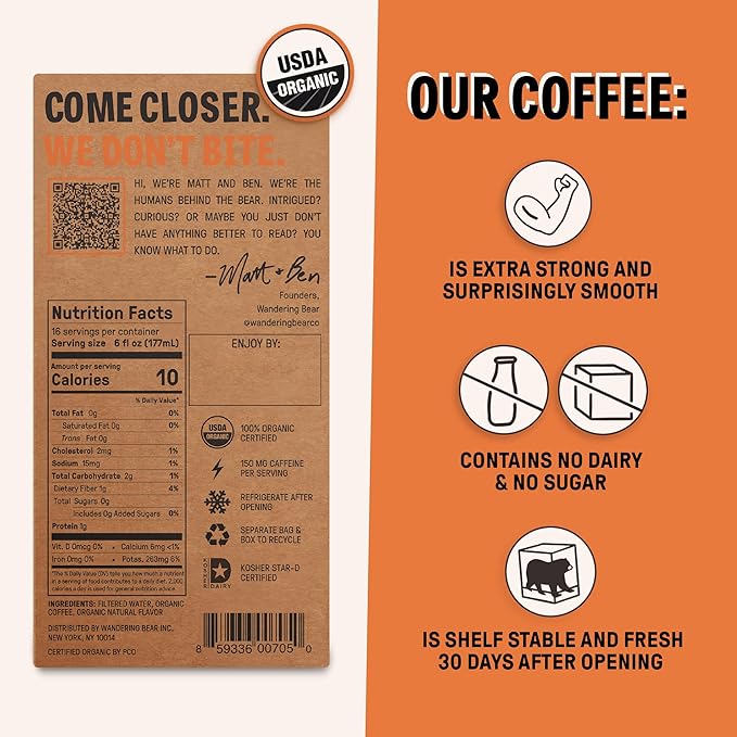 Wandering Bear Organic Hazelnut Cold Brew Coffee On Tap, 96 fl oz - Extra Strong, Bold, Smooth, Unsweetened, Shelf-Stable, Ready to Drink, Gluten Free, & Vegan, Iced Cold Brewed Coffee Drinks