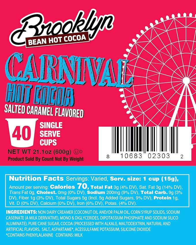 Brooklyn Beans Carnival Chocolate Salted Caramel Hot Cocoa Pods, Compatible with K Cup Brewers Including 2.0, 40 Count