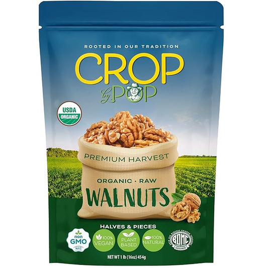 CROP BY POP - Organic Raw Walnuts Halves & Pieces (16 Oz - 1 LB) Packed Fresh in Resealable Bag - USDA Organic, Non GMO - Naturally Grown, Vegan, Kosher