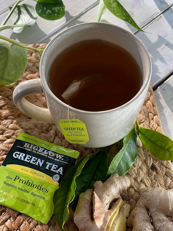 Bigelow Tea Green Tea with Ginger Plus Probiotics, Caffeinated Tea with Ginger, 18 Count Box, (Pack of 6), 108 Total Tea Bags