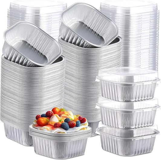 Aoriher 300 Pieces 10 oz Mini Cake Pans with Lids, Aluminum Foil Baking Cups, Square Disposable Cupcake Cups Baking Tins for Wedding Birthday Party Supplies(Silver)