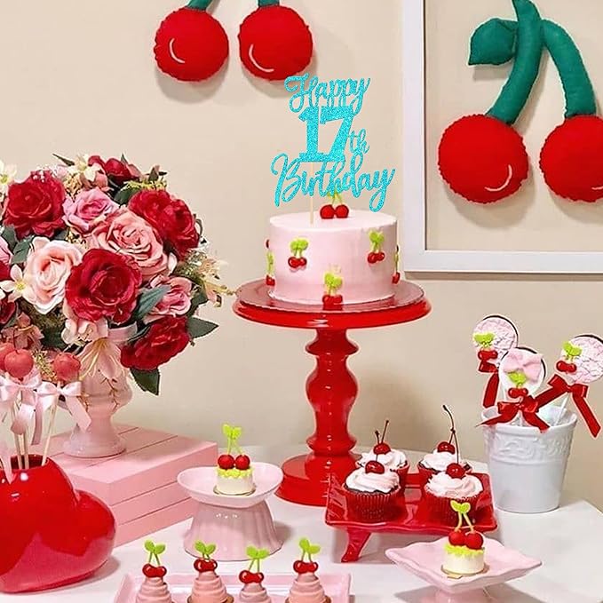 1 PCS Happy 17th Birthday Cake Topper Glitter Cheers to 17 Years Birthday Cake Pick Seventeen Hello 17 Cake Decoration for Happy 17th Birthday Anniversary Theme Party Decorations Supplies Blue