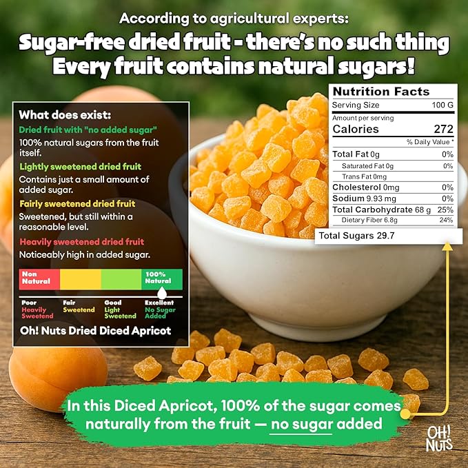 Oh! Nuts Dried Apricot - 1 lb - Dried Fruit Diced - No Sugar Added - Dehydrated Fruit Bites - Packed in New York Zip-Seal Bag for Exceptional Freshness