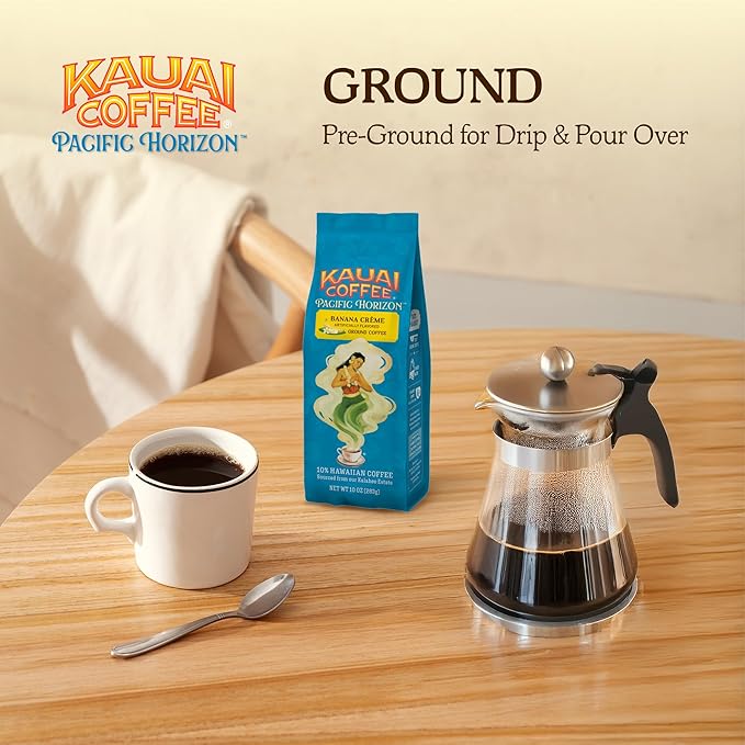 Kauai Coffee Ground Coffee ??Smooth, Rich ??Banana Flavor with Creamy Vanilla ??Arabica Coffee, 10% Hawaiian with No Bitterness ??Banana Crème, 1 Pack of 10oz