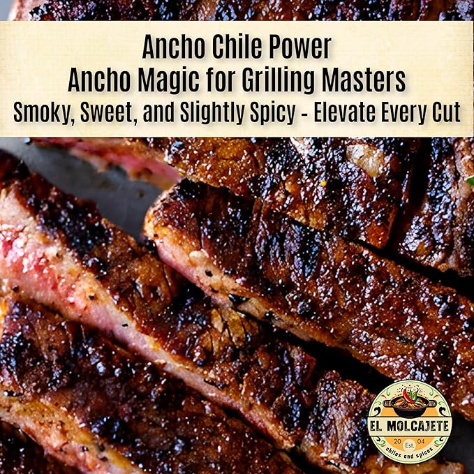 Ancho Chile Powder 4 oz Premium Single Ingredient From Mexico El Molcajete Brand for Sauces, Salsa, Pasta, Chili, Meat, Pizza, Potatoes, Vegetables, Soups, Stews, Chicken and BBQ