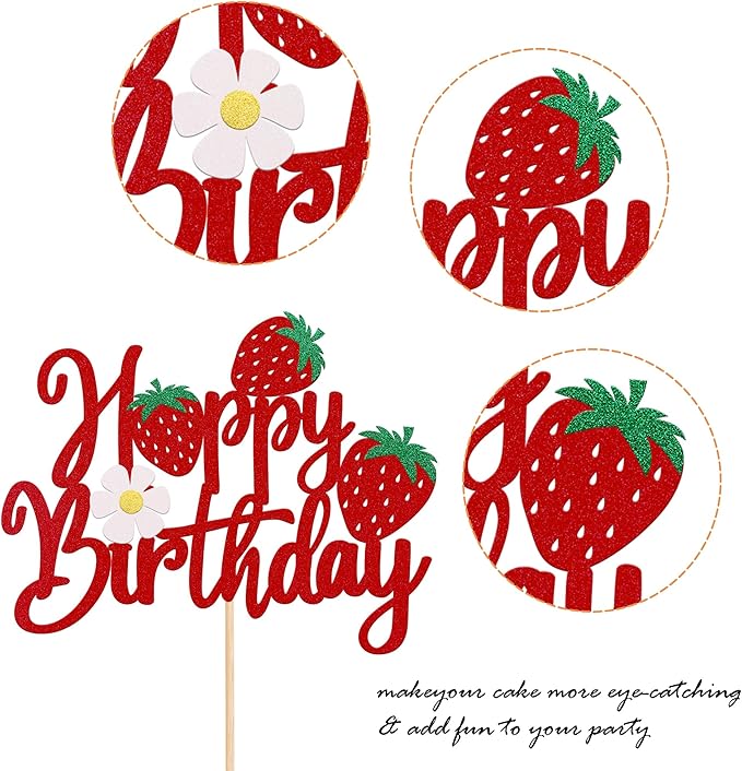 1 Pack Happy Birthday Cake Topper Glitter Strawberry Cake Pick for Fruit Theme Baby Shower Kids Birthday Party Strawberry Fruit Party Cake Decorations Supplies