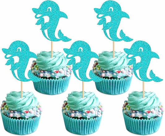 24 PCS Dolphin Cupcake Topper Ocean Themed Party Dolphin Cupcake Decorations Baby Shower Birthday Party Decorations