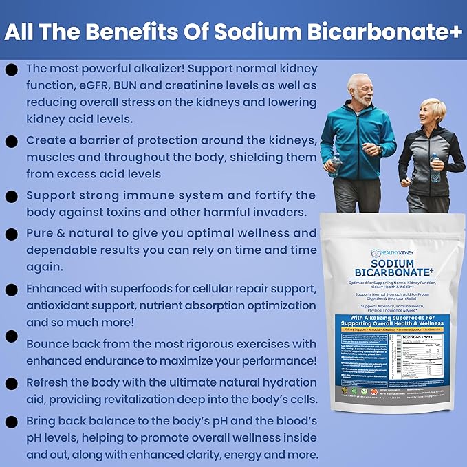 Organic Use Sodium Bicarbonate Alkaline Supplement for Alkalinity. Support Kidney & Stomach Acid Neutralizer w/Alkaline Superfoods. Sodium Bicarbonate Powder Kidney Immune Support Antacid Sport 1.5LB