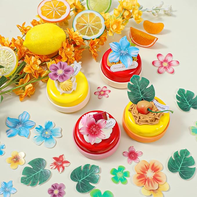 60 PCS Edible Flowers for Cupcakes Leaves and Flowers Hawaii Cupcake Toppers Tropical Turtle Leaves Flower Cupcake Picks Hawaiian for Hawaii Aloha Party Summer Jungle Theme Baby Shower