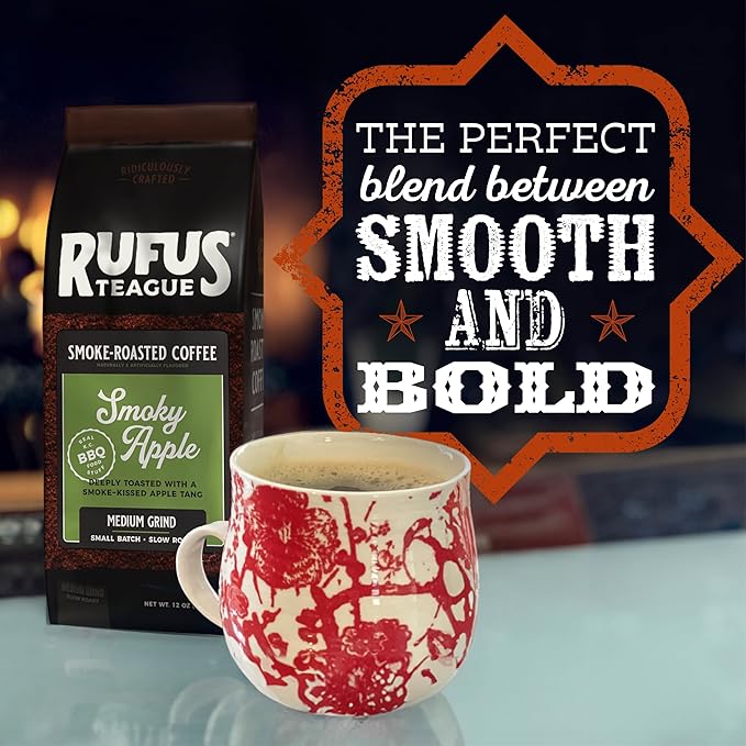Rufus Teague Smoky Apple Flavored Ground Coffee, Gourmet Fresh Dark Roasted Coffee, Smoke Roasted Java, Medium Grind, 12 oz Bag, 2-Pack