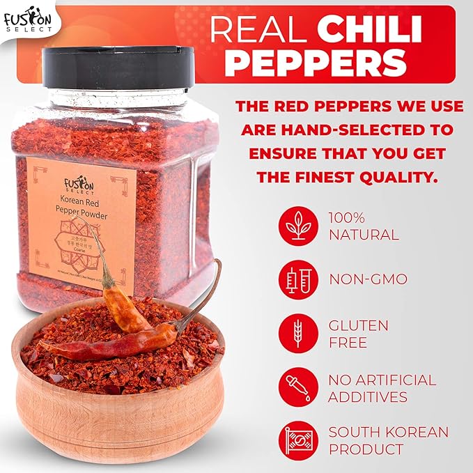 Fusion Select Korean Non-GMO Red Chili Pepper Flakes Powder, Gluten Free, Premium Gochugaru for Kimchi, Chicken, Pork, Fish, Vegetables Seasoning Korean BBQ Hot Pepper Coarse Powder Flakes 12 OZ