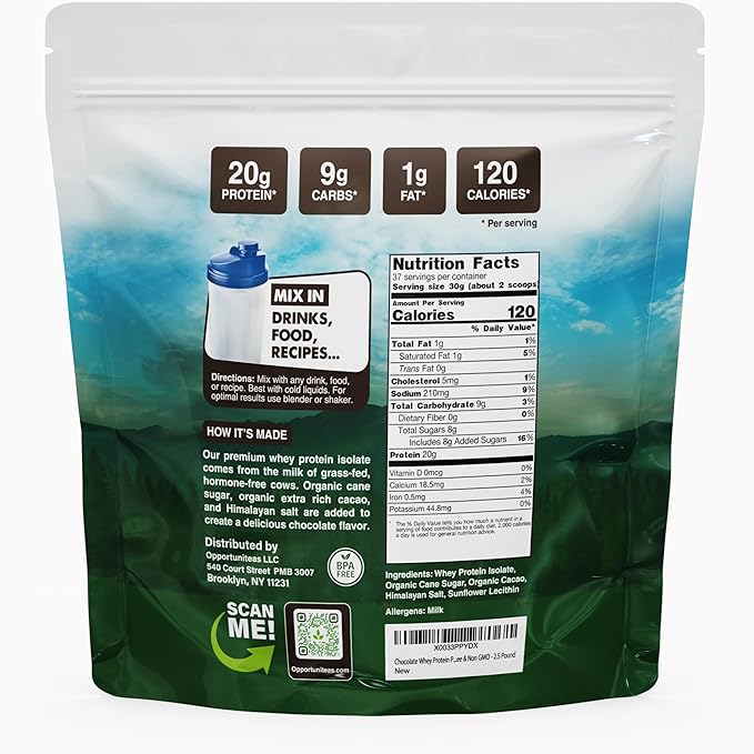 Opportuniteas Grass Fed Chocolate Whey Protein Isolate Powder - 20g Protein Powder Without