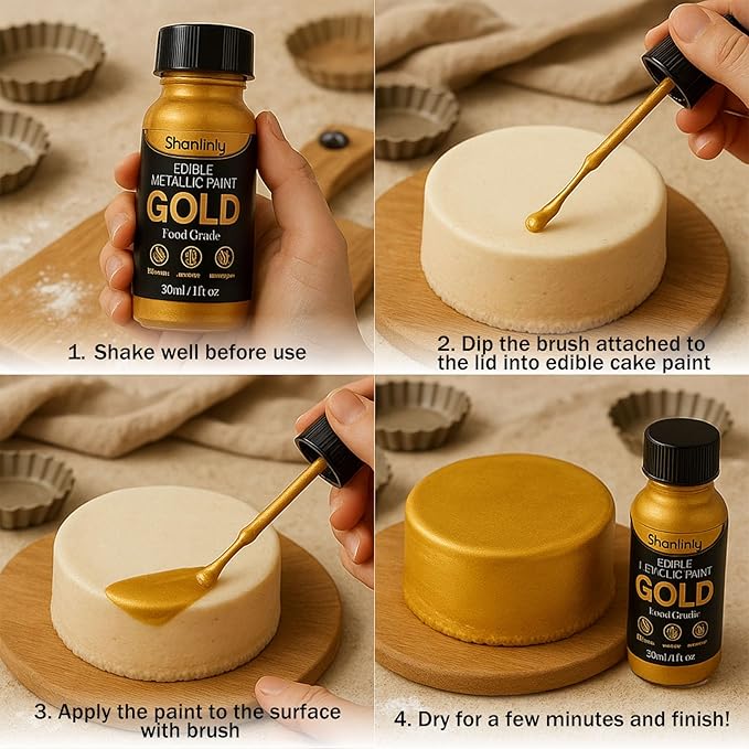 Shanlinly Gold Edible Luster Dust - 30ml Liquid Edible Cake Paint Gold Metallic Food Coloring, Perfect for Art Decorative Shimmer Cake Decorating, Cookies,Cupcakes,Cocktails,Wedding,Birthday