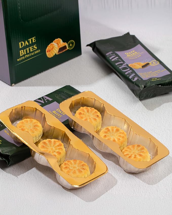 Snacklava Pistachio Date Bites - 20 Pack (3 Pieces per Pack) - Pistachio and Date Filled Maamoul Shortbread Cookies - No Artificial Ingredients, Colors or Preservatives