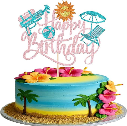 1 Pack Summer Beach Happy Birthday Cake Topper Tropical Hawaiian Water Gun Cake Pick Glitter Umbrella Pool Holiday Cupcake Decoration for Summer Baby Shower Birthday Party Supplies Pink