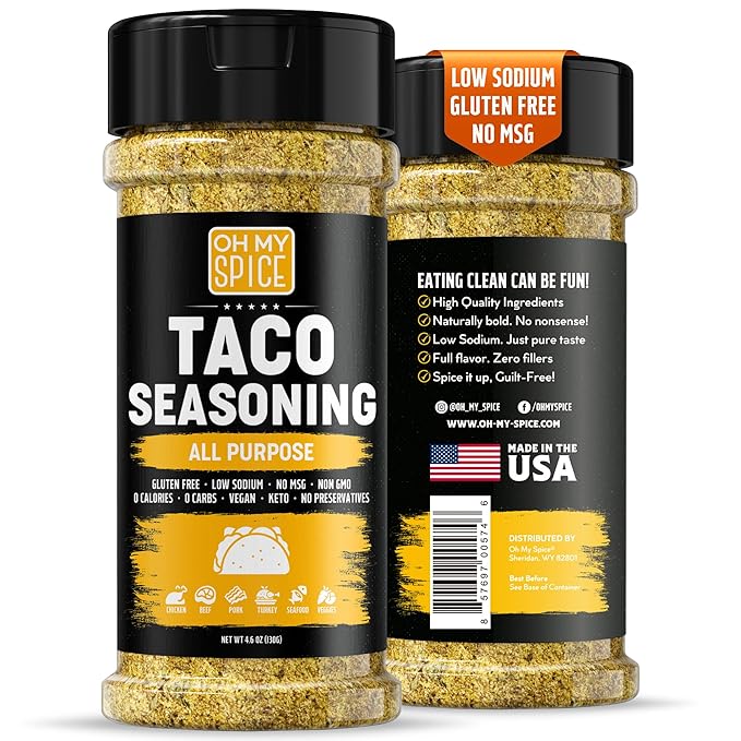Taco Seasoning Mix All Purpose Blend - Gluten Free & Low Sodium Mexican Seasoning for Taco Tuesday Night. Everything Seasonings for Fajita & Burrito. Meat, Chicken & Fish Tacos Spices Toppings. 4.6oz